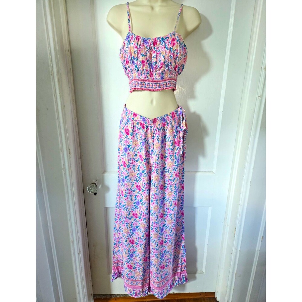 2-Piece Floral Smocked Cotton Crop Top & Wide-Leg Pants Set - Top L, Bottoms S
